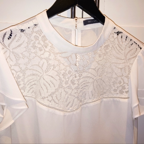 New White Chiffon Lace Yoke Blouse - Picture 3 of 7